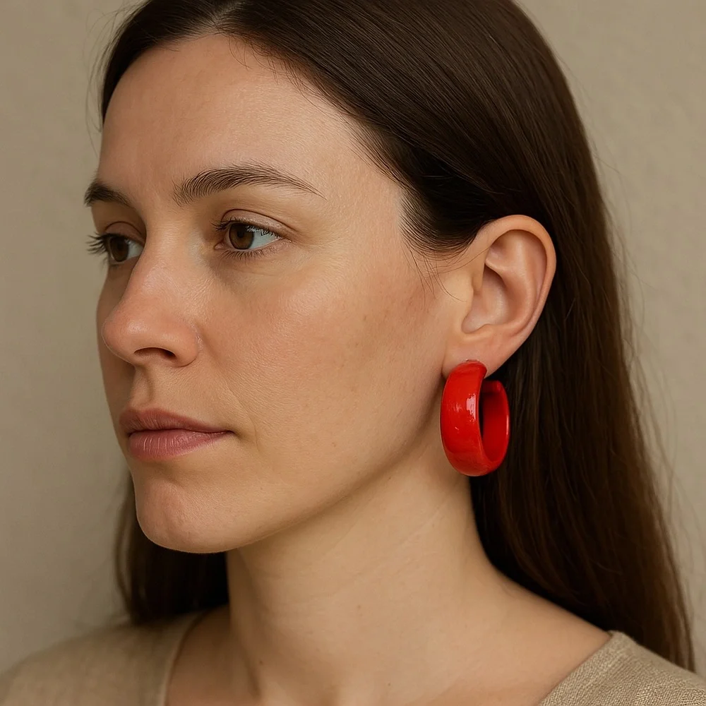 Red Hoop Clip Earrings Metal lightweight 1” diameter